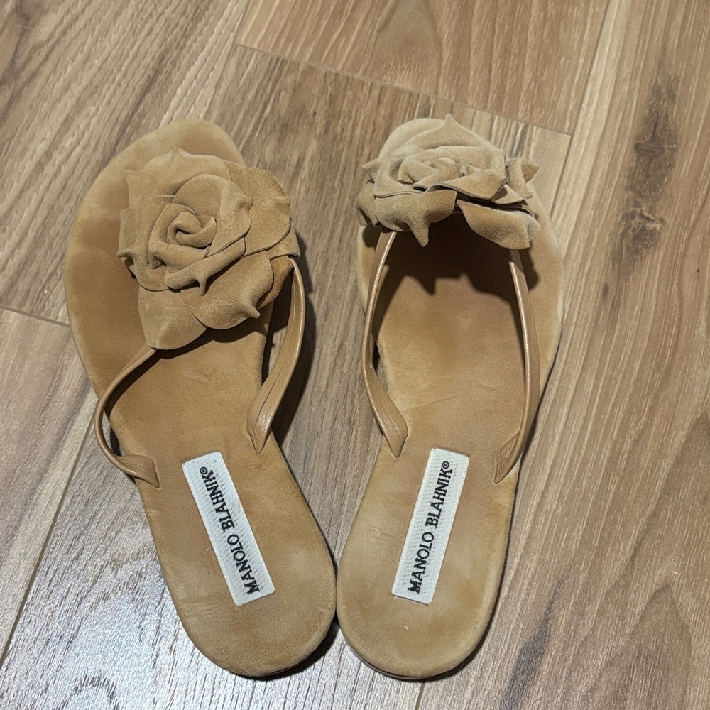 Manolo Blahnik Camel Suede Rose Sandals